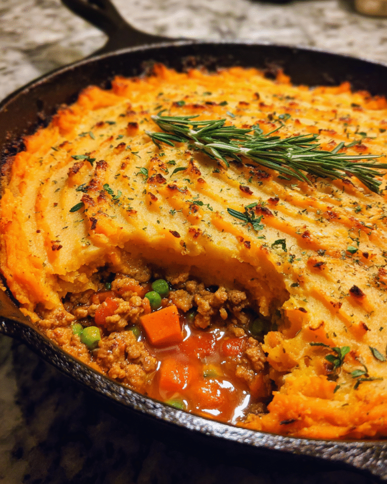Healthy Shepherd’s Pie with Sweet Potato in skillet