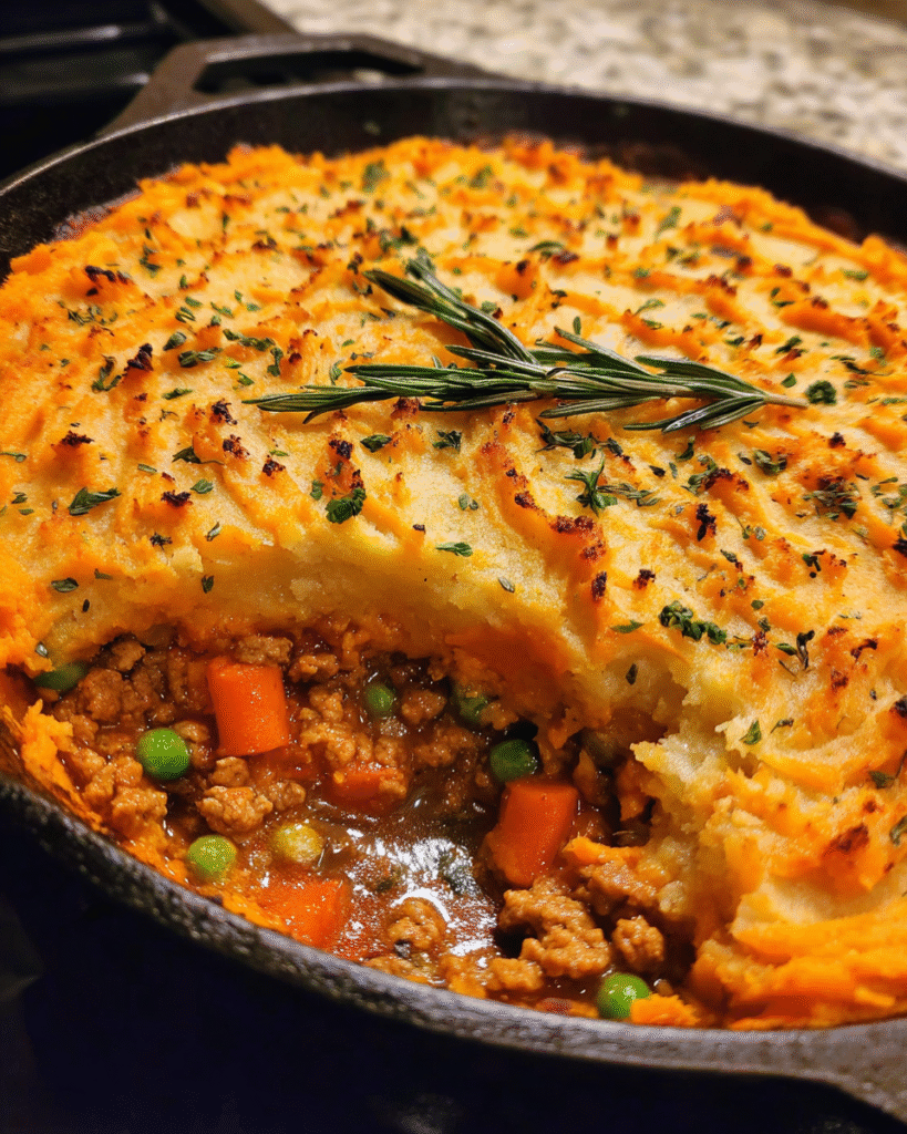 Healthy Shepherd’s Pie with Sweet Potato in skillet