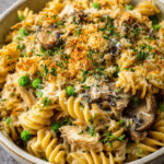 High-protein tuna noodle casserole baked until golden