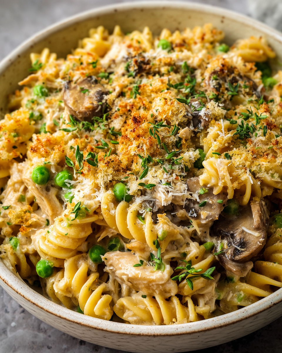 High-protein tuna noodle casserole baked until golden