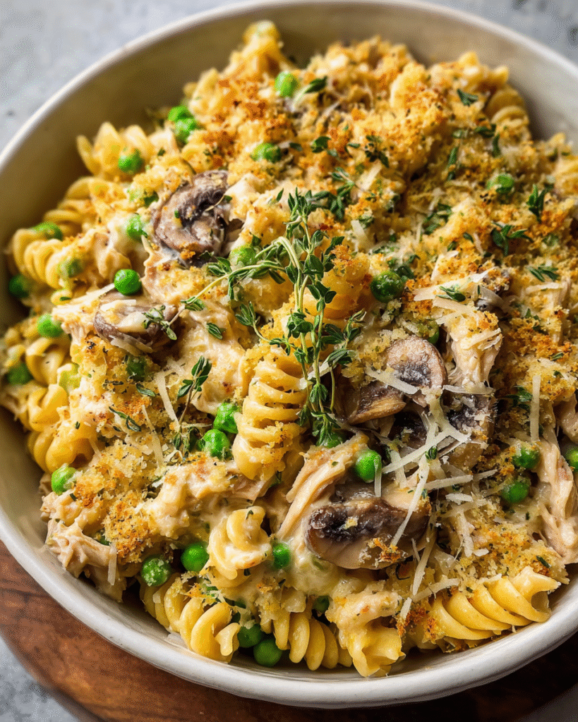 High-protein tuna noodle casserole baked until golden