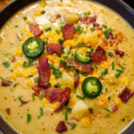Bowl of creamy jalapeno popper corn chowder with chives