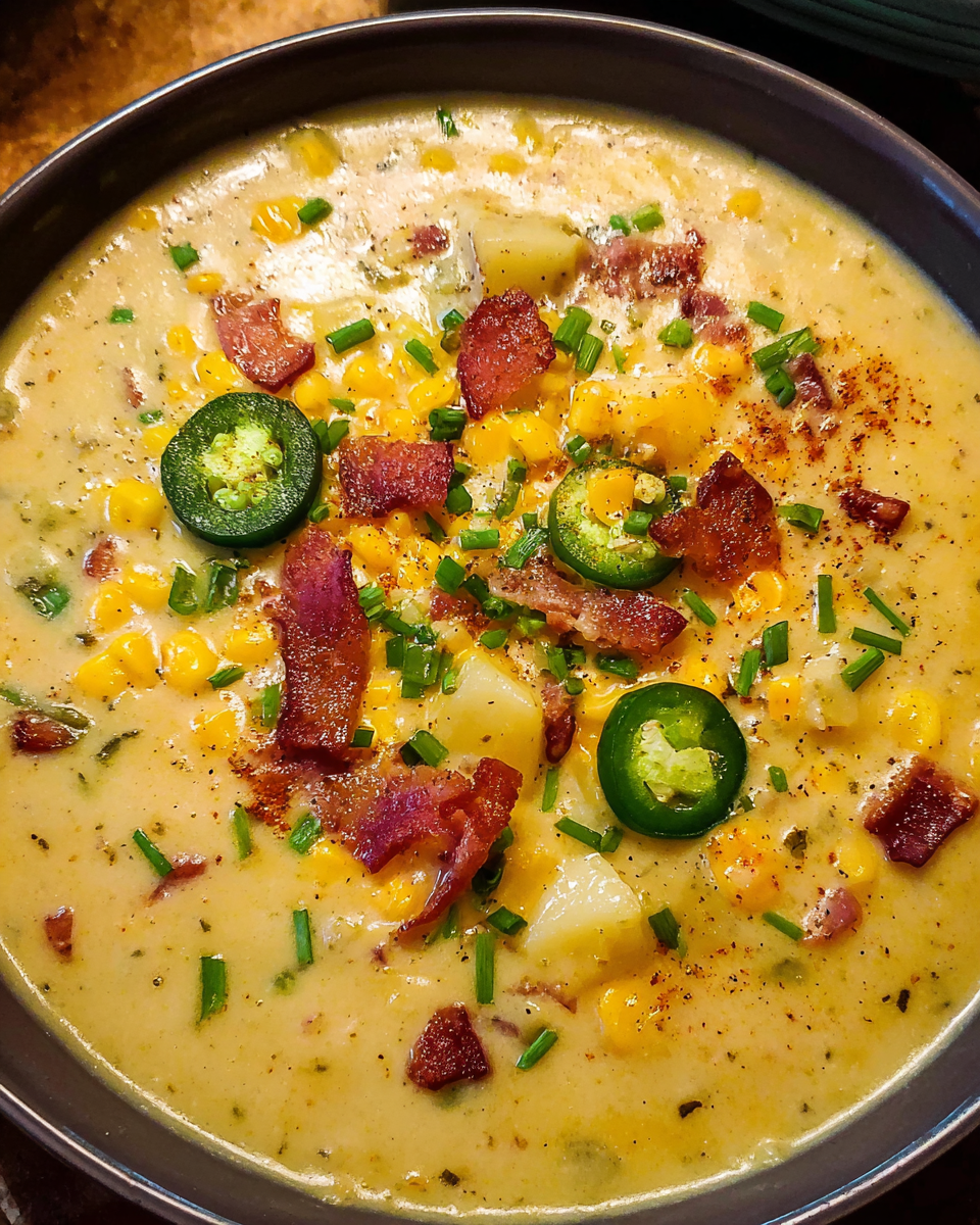 Bowl of creamy jalapeno popper corn chowder with chives