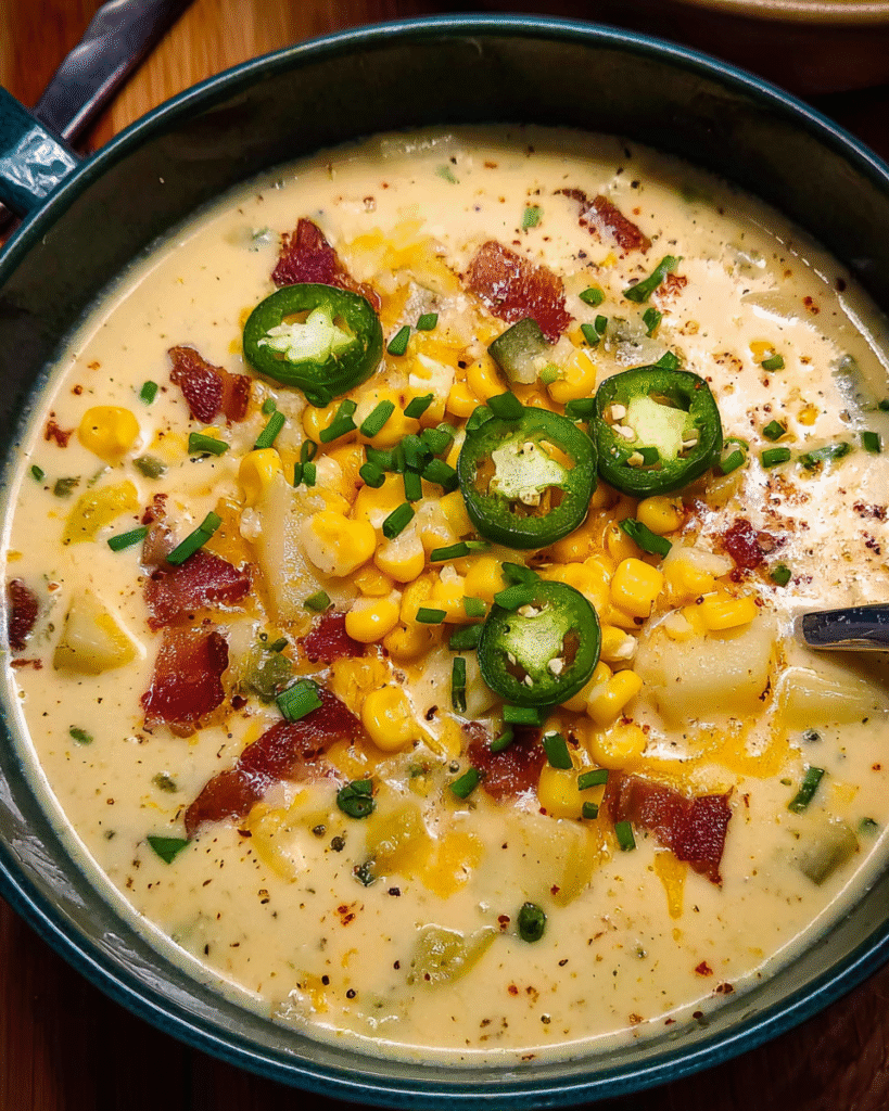 Bowl of creamy jalapeno popper corn chowder with chives