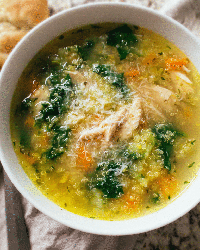 Bowl of kale quinoa chicken soup with lemon and parmesan