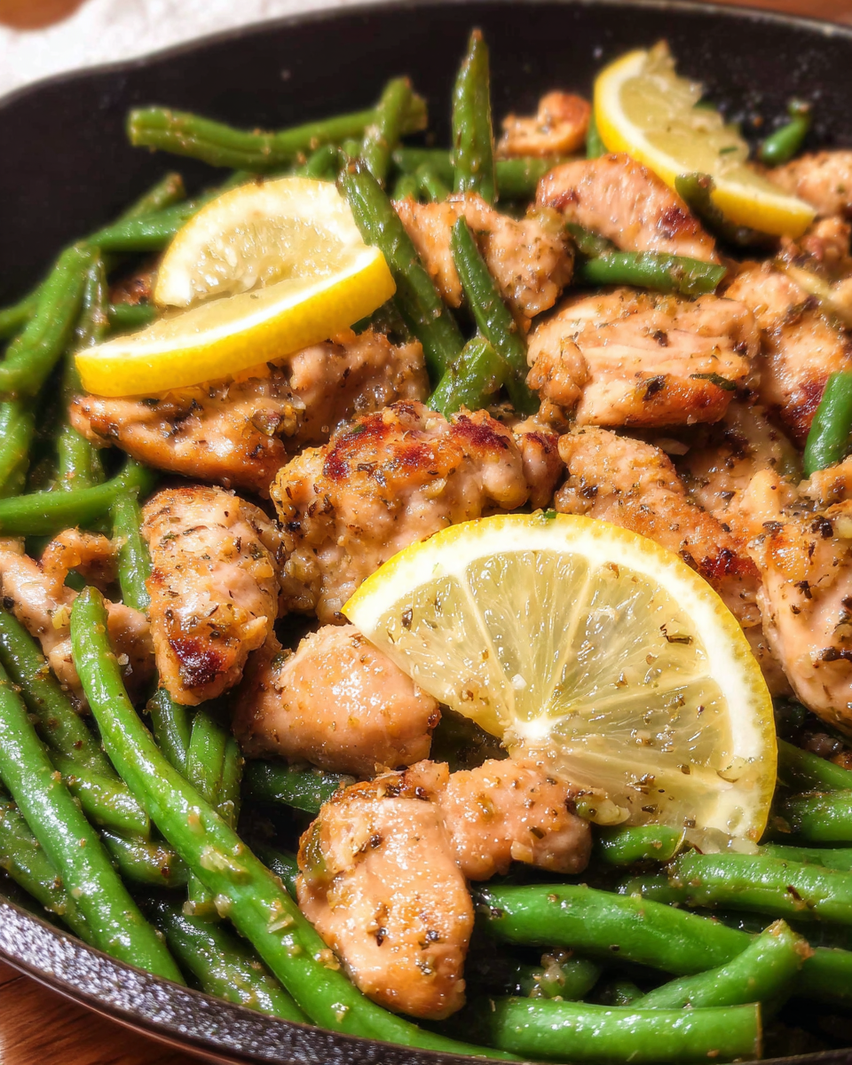 Lemon garlic chicken with green beans cooked in a skillet