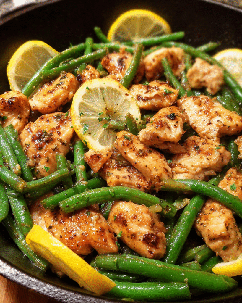 Lemon garlic chicken with green beans cooked in a skillet
