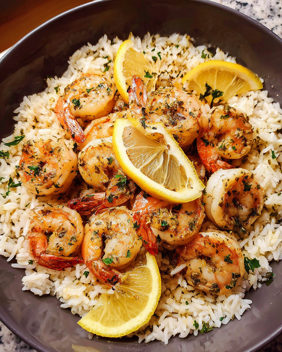 Lemon garlic shrimp and rice skillet cooked in one pan