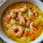 Lemon Shrimp Orzo Soup in a bowl with shrimp and citrus