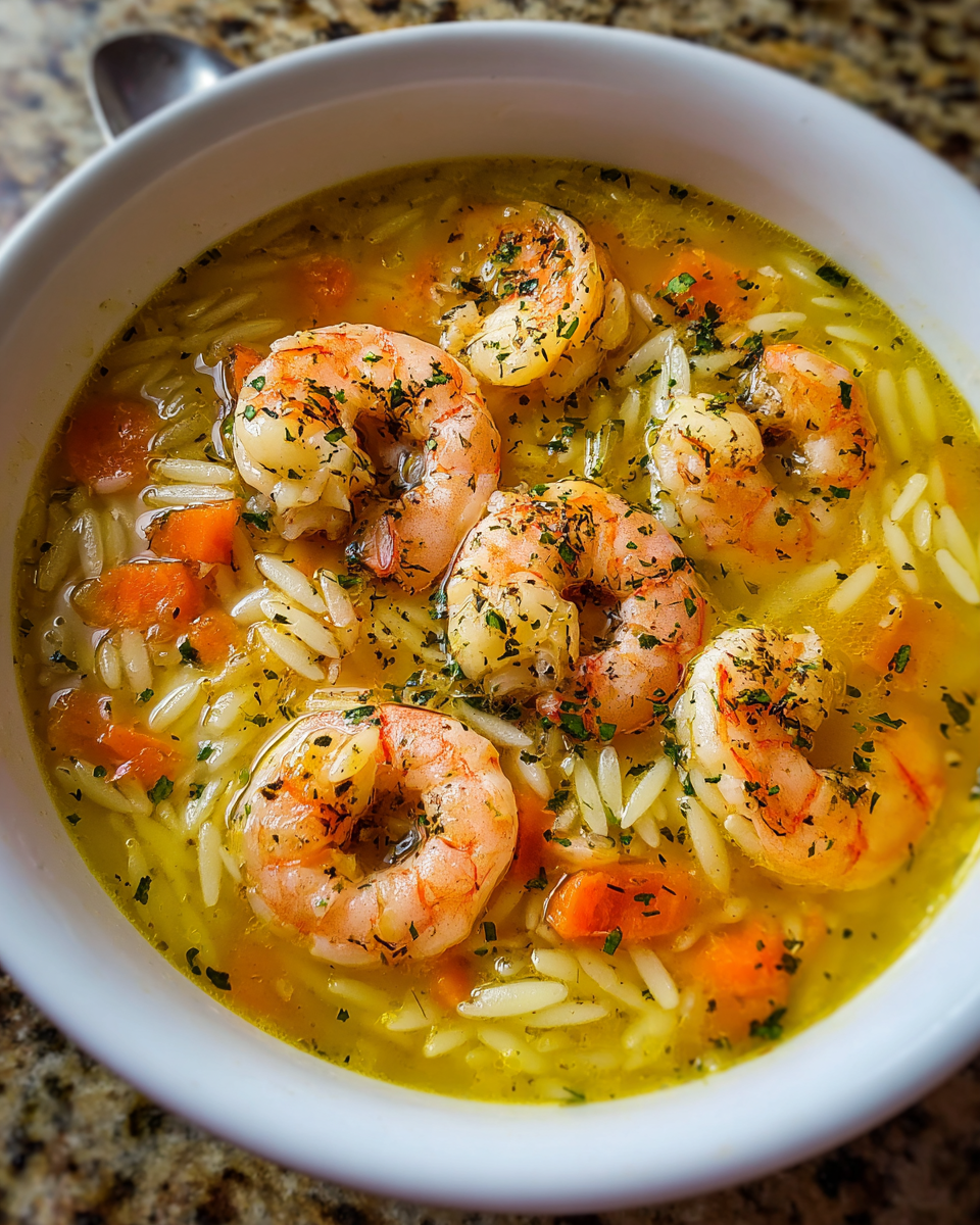 Lemon Shrimp Orzo Soup in a bowl with shrimp and citrus