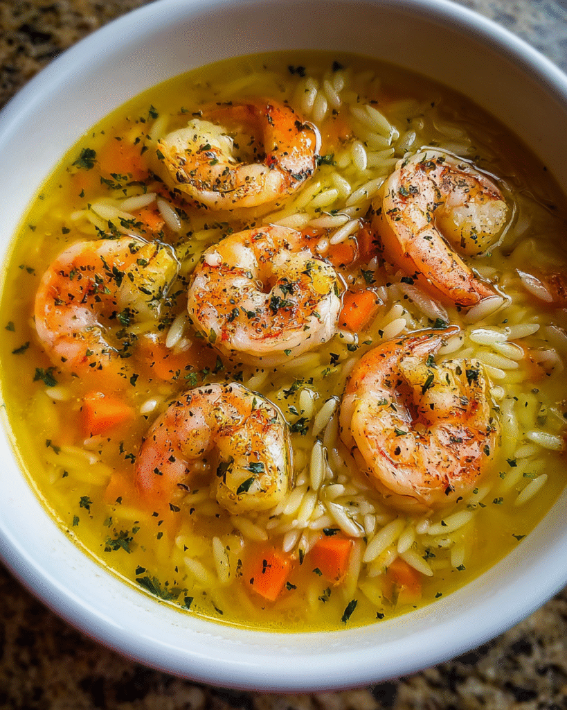 Lemon Shrimp Orzo Soup in a bowl with shrimp and citrus