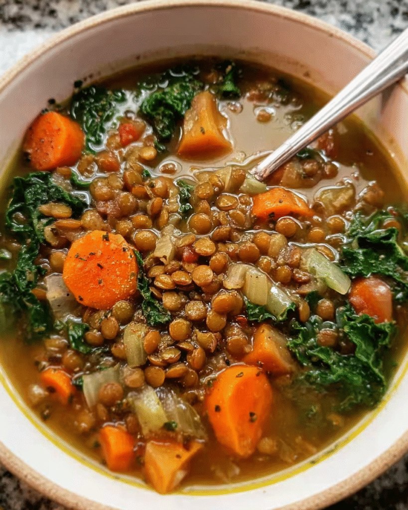 Bowl of Lentil Kale Soup with vegetables and greens