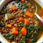 Bowl of Lentil Kale Soup with vegetables and greens