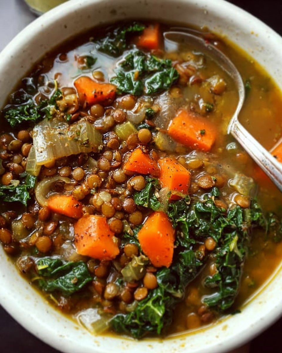 Bowl of Lentil Kale Soup with vegetables and greens