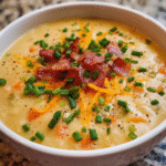 Creamy loaded cauliflower cheddar soup in a bowl topped with chives and melted cheese