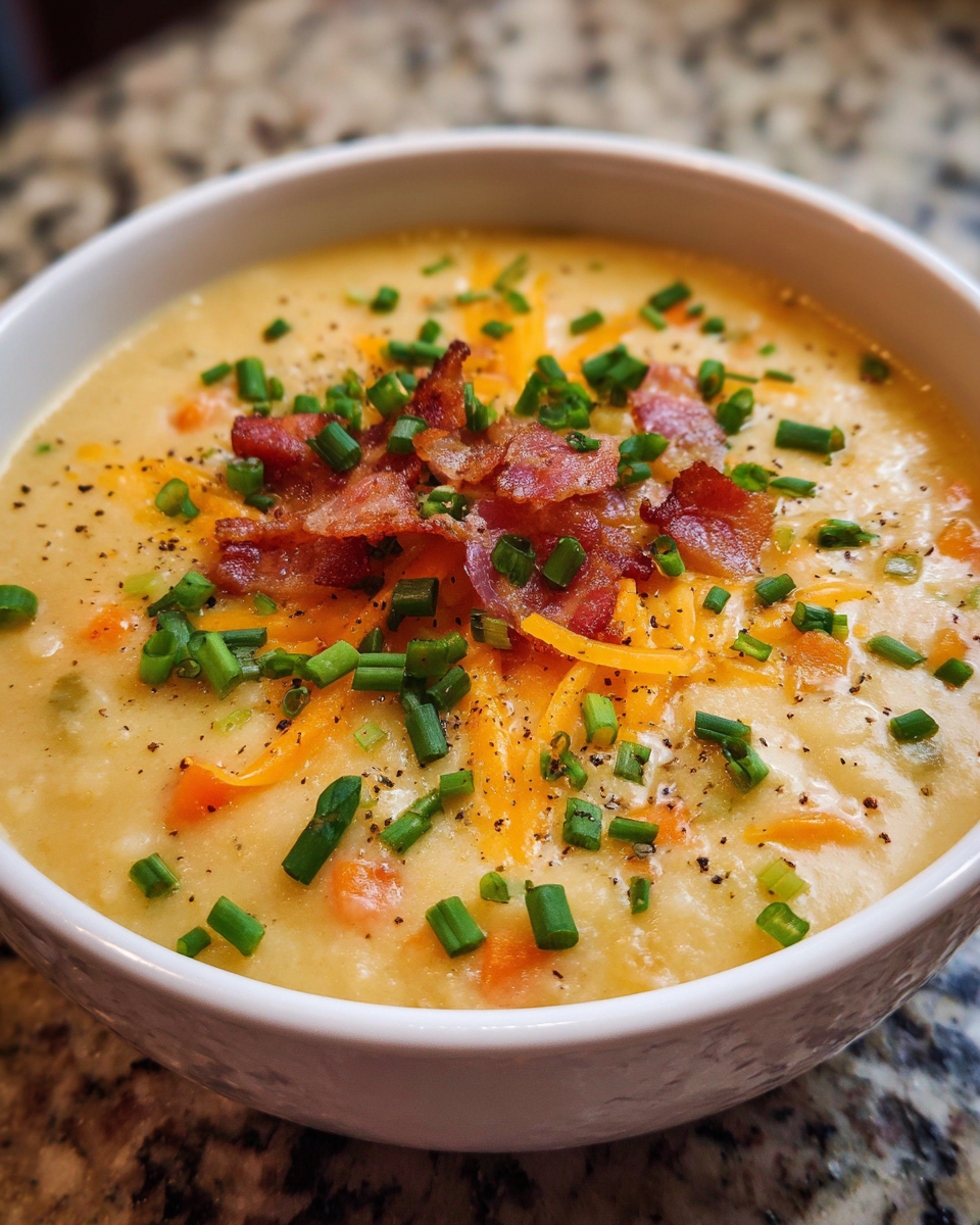 Creamy loaded cauliflower cheddar soup in a bowl topped with chives and melted cheese