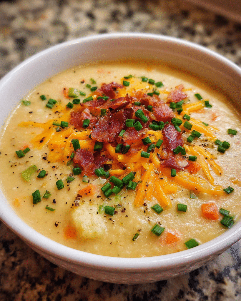 Creamy loaded cauliflower cheddar soup in a bowl topped with chives and melted cheese