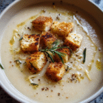 Maple Roasted Parsnip Soup in a bowl with croutons and herbs