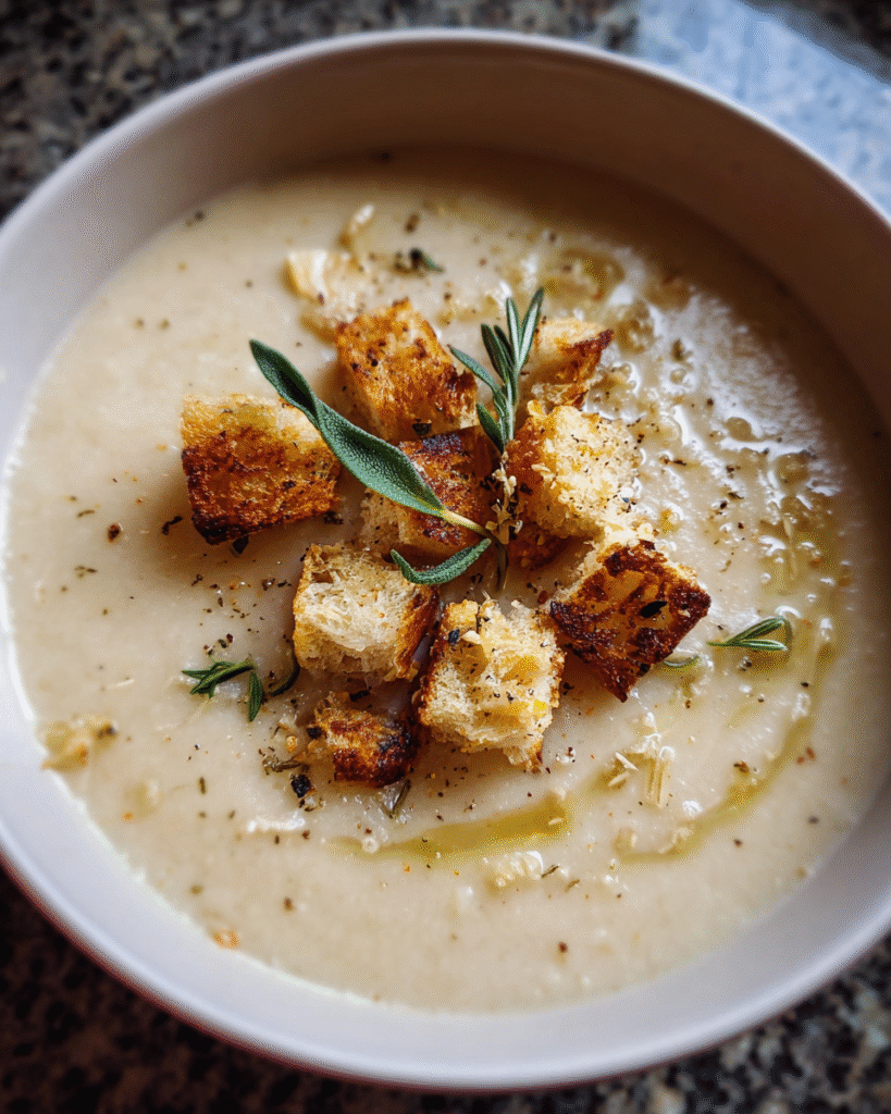 Maple Roasted Parsnip Soup in a bowl with croutons and herbs