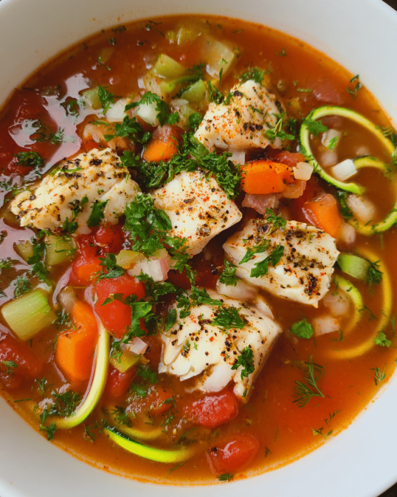 Mediterranean Fish Soup with halibut, vegetables, and fresh herbs