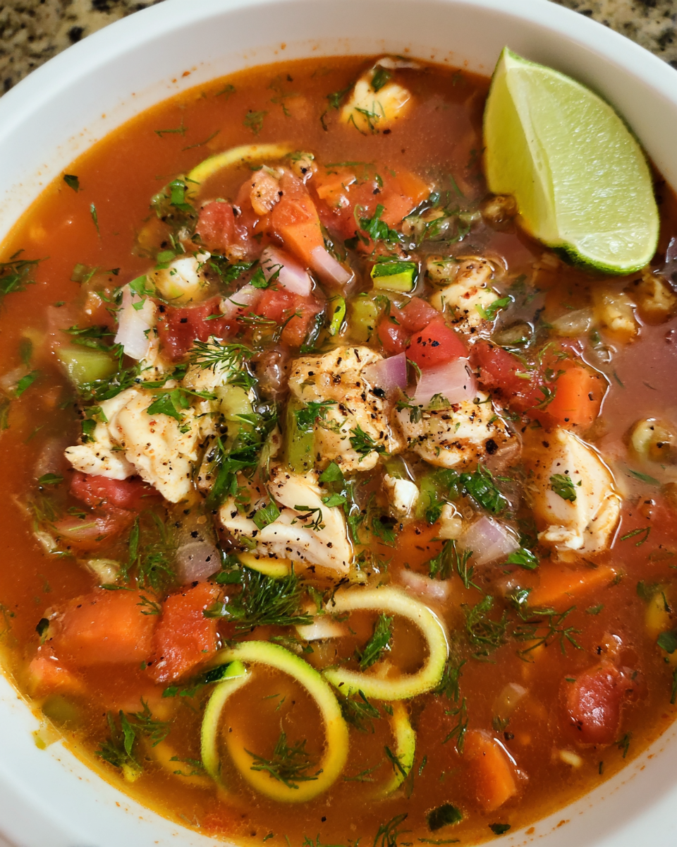 Mediterranean Fish Soup with halibut, vegetables, and fresh herbs