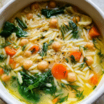 Bowl of Mediterranean lemon chickpea orzo soup with herbs