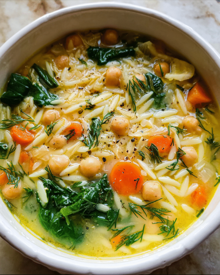 Bowl of Mediterranean lemon chickpea orzo soup with herbs