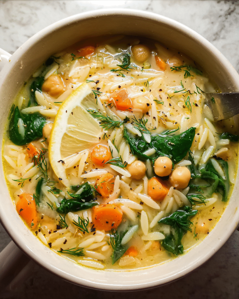 Bowl of Mediterranean lemon chickpea orzo soup with herbs