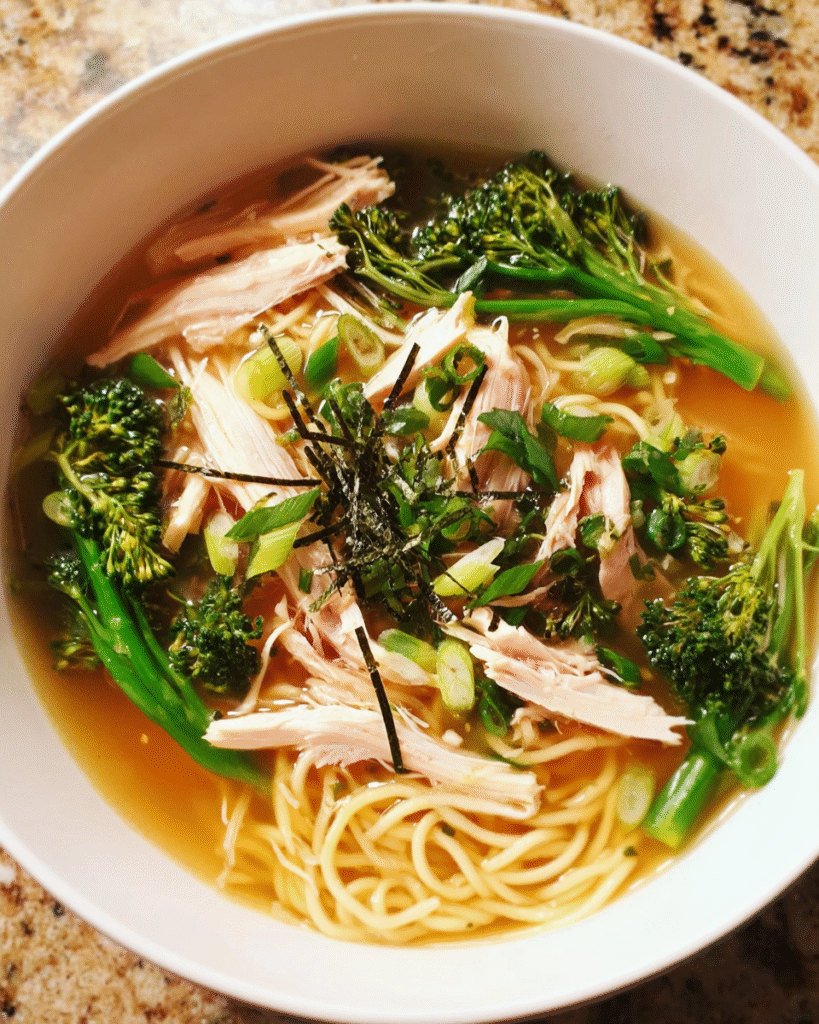 Bowl of Miso Ginger Chicken Soup with noodles, broccolini, and mushrooms