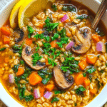 Bowl of homemade Mushroom Farro Soup with herbs