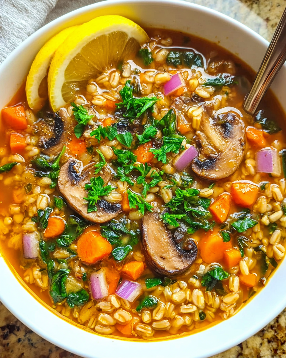 Bowl of homemade Mushroom Farro Soup with herbs