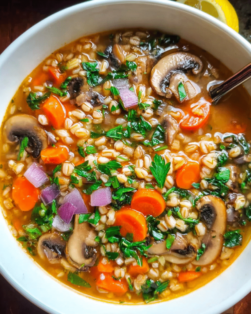 Bowl of homemade Mushroom Farro Soup with herbs
