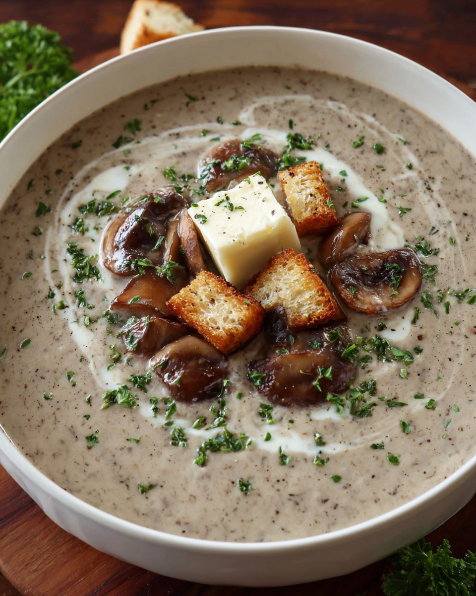 Bowl of Mushroom and Brie Soup with herbs