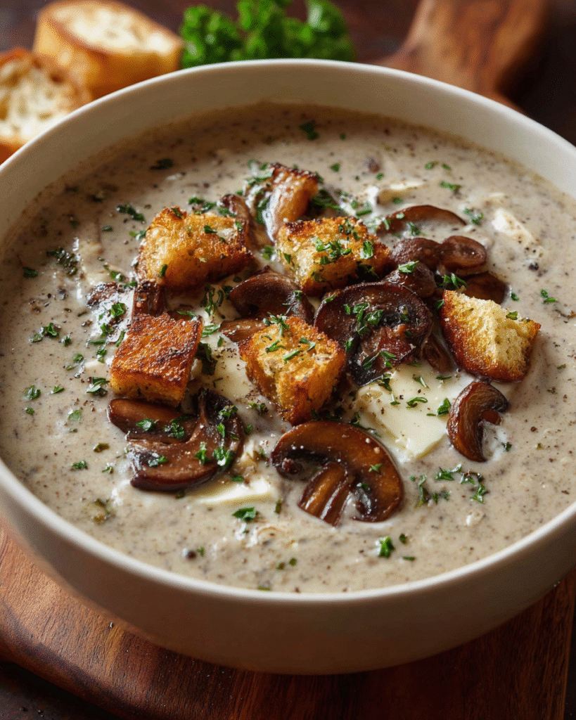 Bowl of Mushroom and Brie Soup with herbs