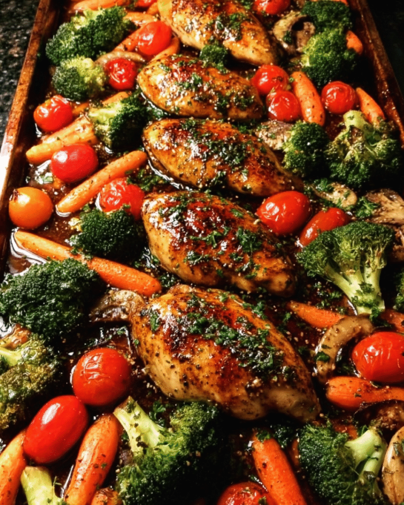 ONE PAN Balsamic Chicken and Veggies on a sheet pan