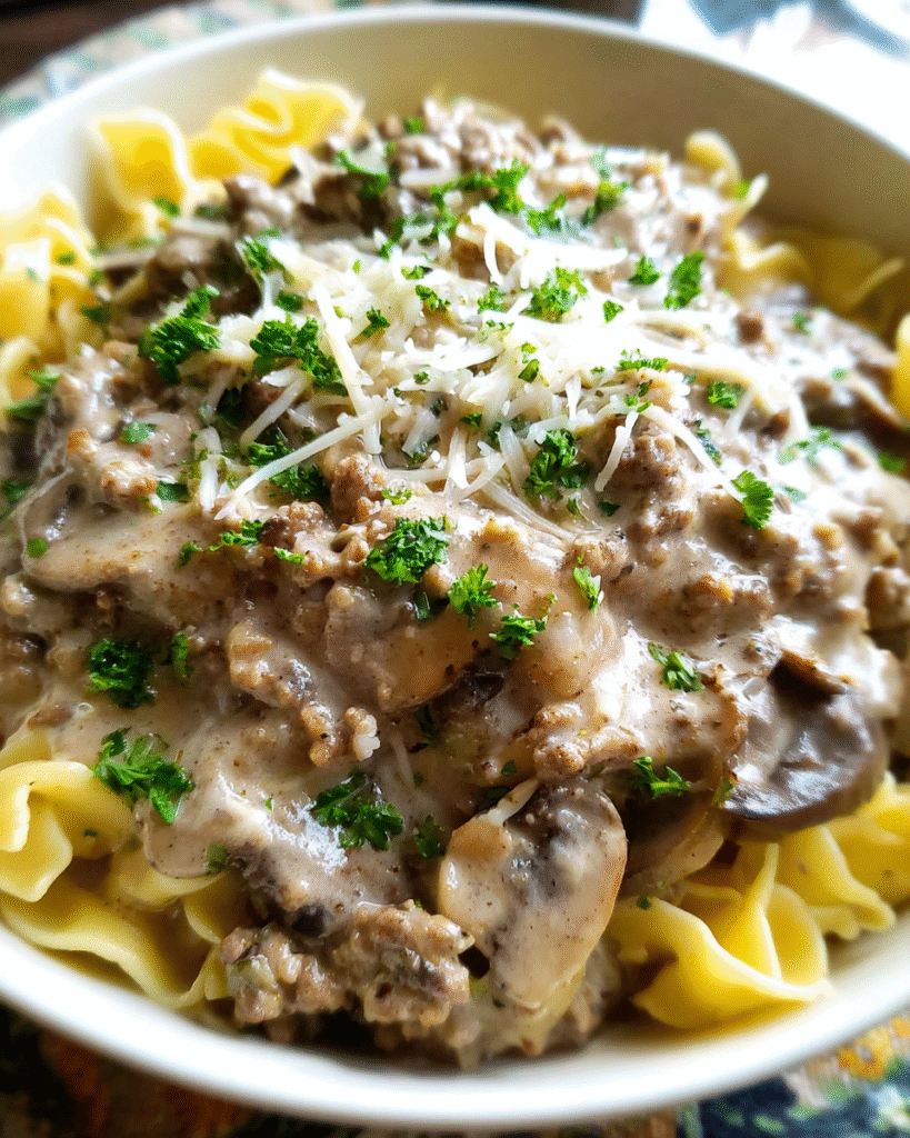 One-pan beef and mushroom skillet with melted cheese