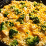One-pan cheesy broccoli and rice with chicken in skillet