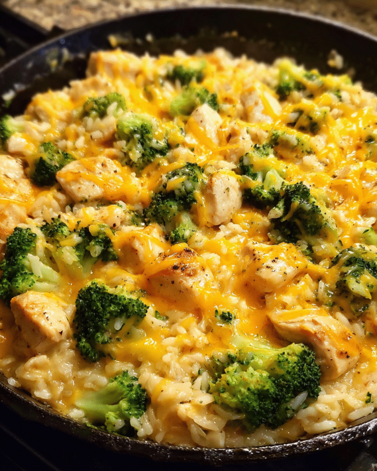 One-pan cheesy broccoli and rice with chicken in skillet