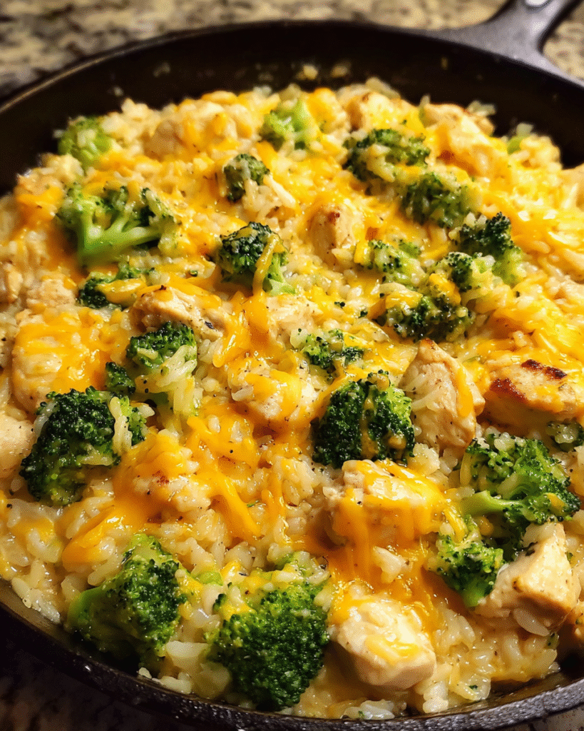 One-pan cheesy broccoli and rice with chicken in skillet