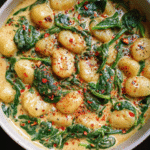 One-pan creamy gnocchi with spinach in a skillet