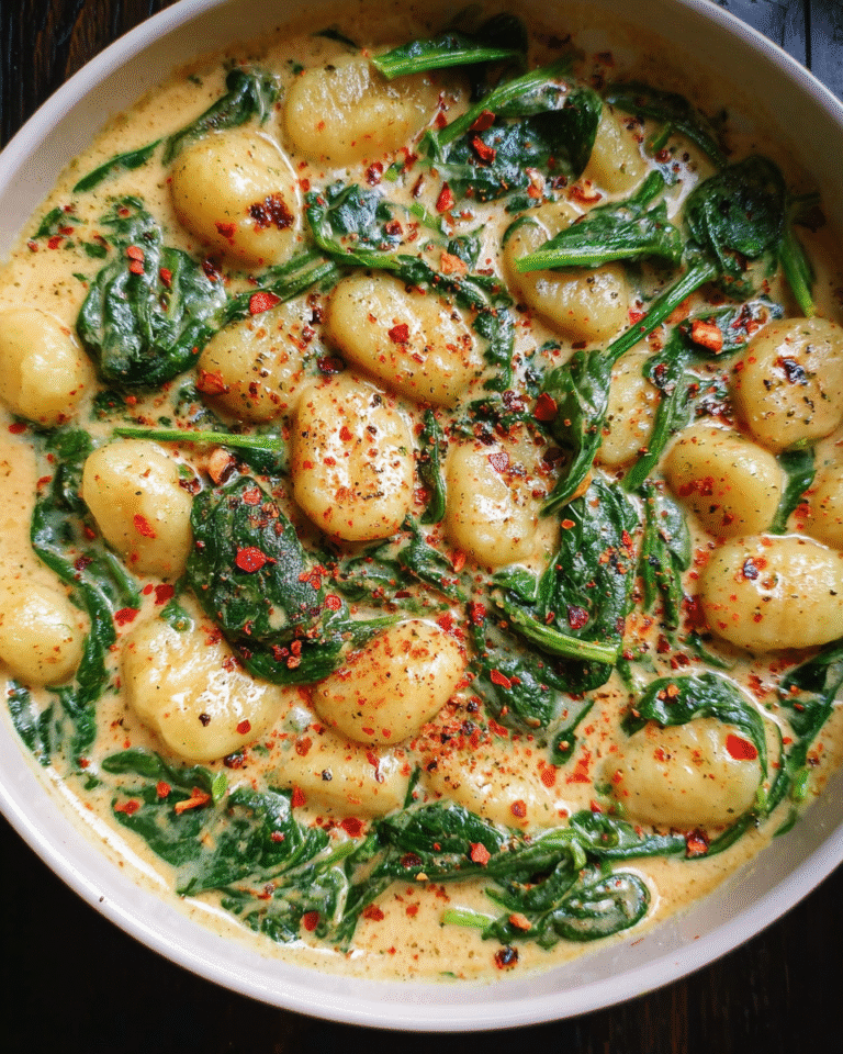 One-pan creamy gnocchi with spinach in a skillet