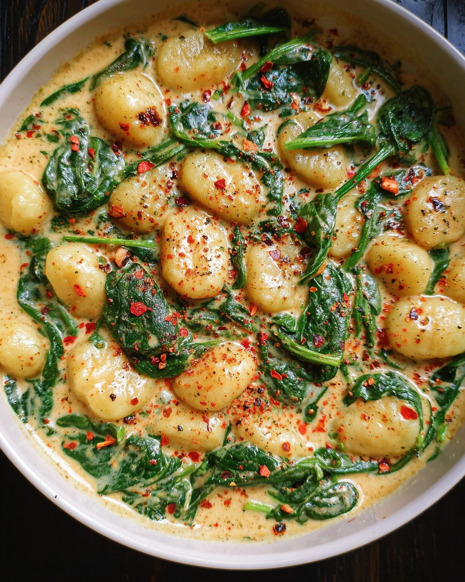 One-pan creamy gnocchi with spinach in a skillet