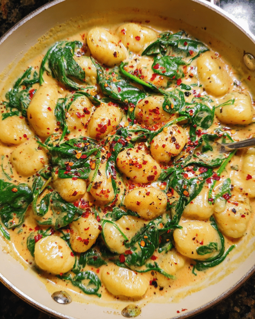 One-pan creamy gnocchi with spinach in a skillet