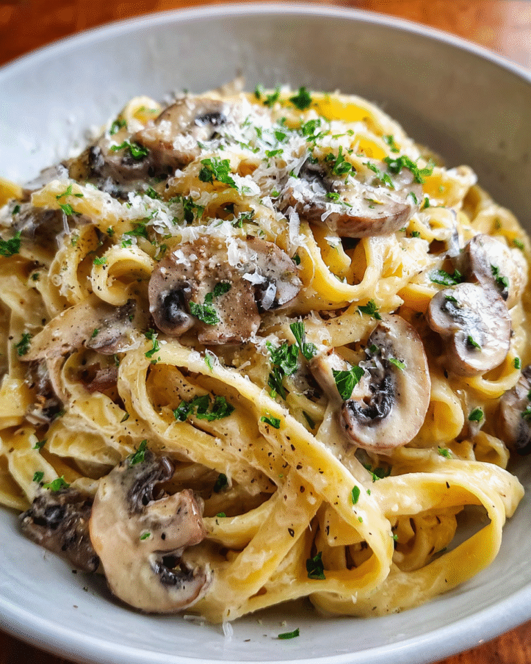 One-pan creamy mushroom pasta served in a skillet