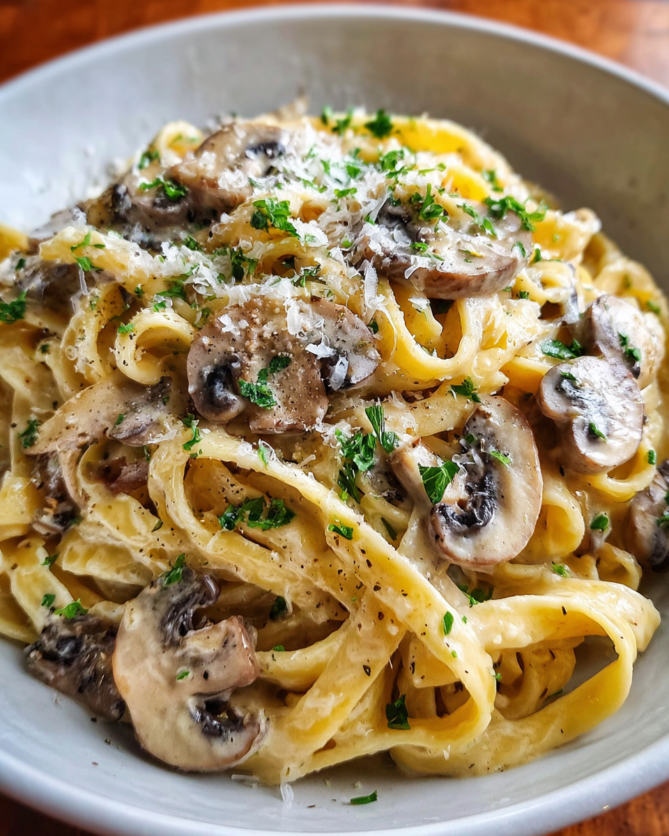 One-pan creamy mushroom pasta served in a skillet