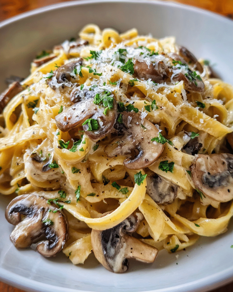 One-pan creamy mushroom pasta served in a skillet