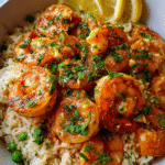one pan garlic butter shrimp and rice in skillet
