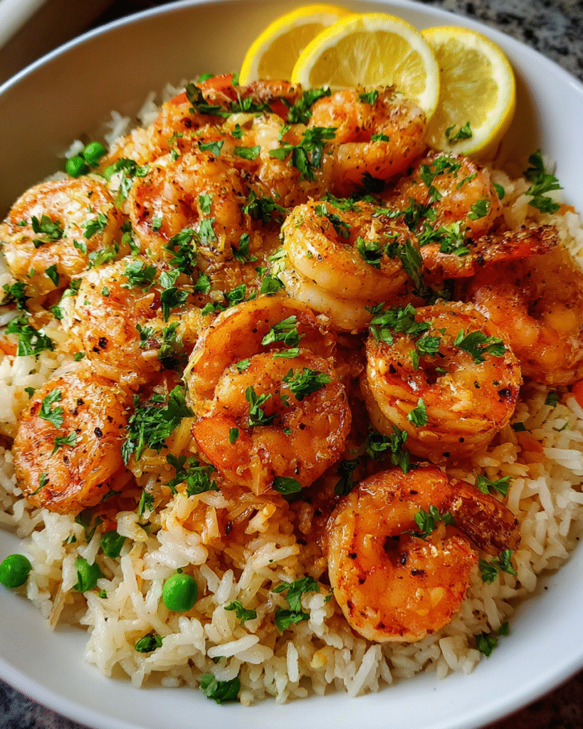 one pan garlic butter shrimp and rice in skillet