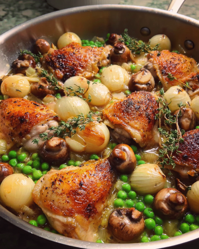 One-pan honey mustard chicken thighs with mushrooms and peas