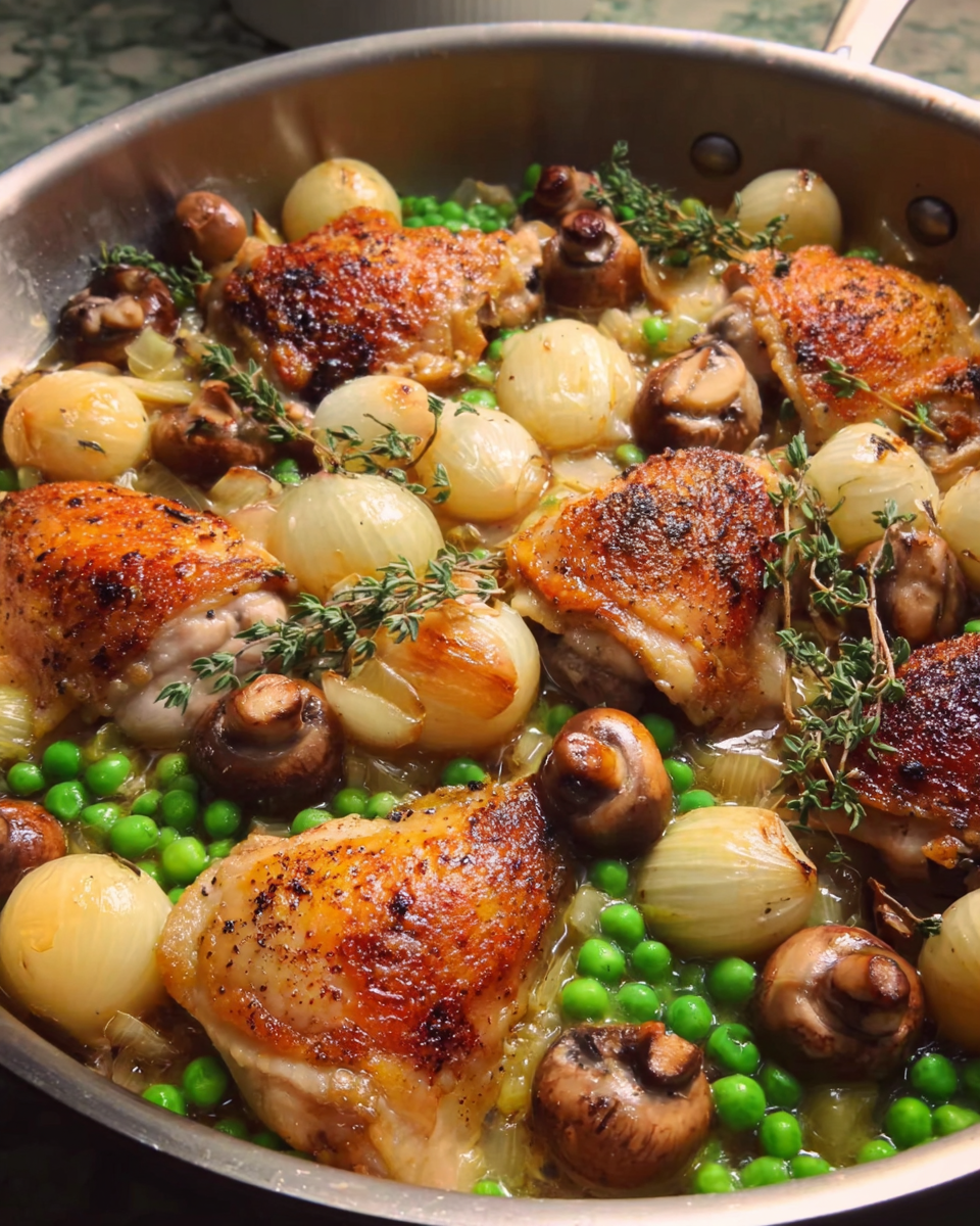 One-pan honey mustard chicken thighs with mushrooms and peas